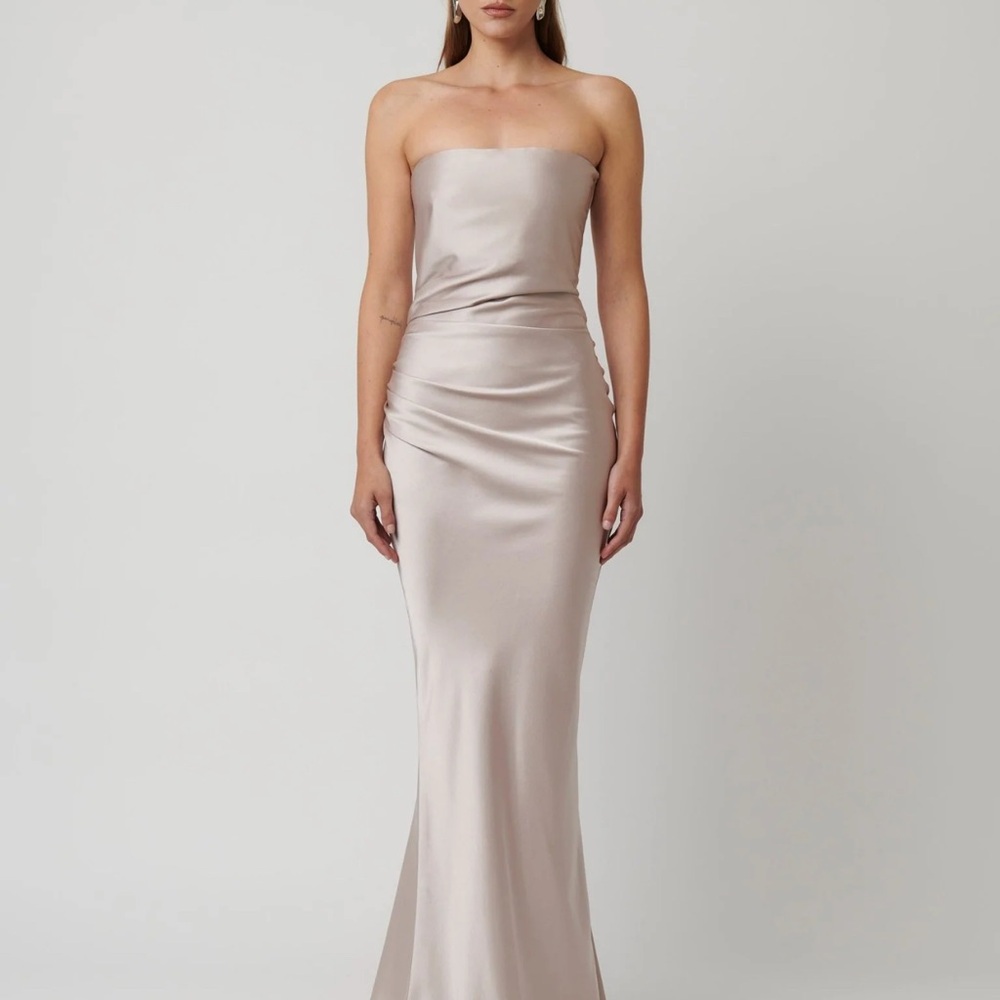 Effie Kat’s Champagne Ruched Strapless Gown